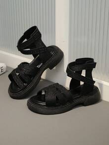 1 Pair Black Plus Size Toddler Girls' Glitter Studded Leather Criss-Cross Strap Roman Sandals, Classic Backstrap Double Buckle Design Open Toe Soft Bottom Non-Slip Fashion Cute Princess Style Flat Beach Sandals, Suitable For Casual, Holiday, Party, School, Spring/Summer 2026 - Black - View 4