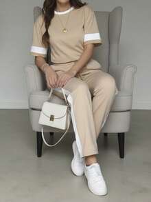 2pcs/Set Plus Size Women's Casual Colorblock Round Neck Short Sleeve Top And High Waist Drawstring Straight Leg Pants, Spring/Summer - Apricot - View 5