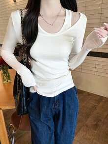 1pc Women's 2 In 1 Long Sleeve T-Shirt, New Design, Slim Fit, Layering Top - White - View 2