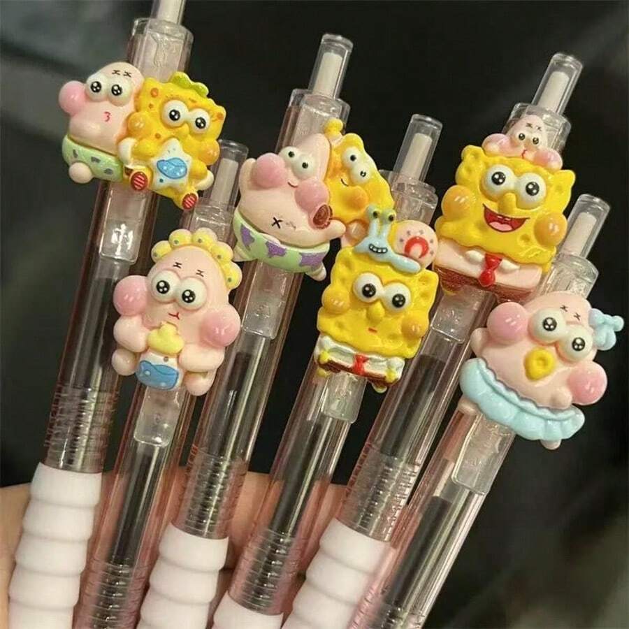 قلم حبر جاف قابل للسحب 1/3 قطع بتصميم الشخصية الأيقونية سبونج بوب، رأس كتابة ناعم 0.5 مم، مناسب للتدوين والملاحظات والاستخدام المكتبي والهدايا - الأسود - مشاهدة 1