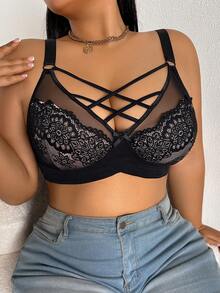 Plus Size Women Lace Wireless Bra, Breathable Non-Slip Front Closure Lift & Support, Adjustable Straps, Seamless Everyday Wear - Black - View 6