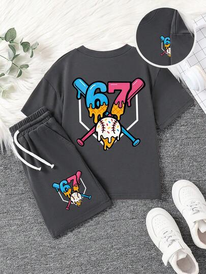 Tween Boy Cartoon Graphic Print Crew Neck Short Sleeve T-Shirt And Shorts Set