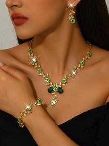 奢华婚礼派对女士礼服水钻装饰珠宝时尚闪亮项链耳环套装，舞会礼服珠宝配饰 - 綠色 - 查看 5