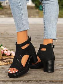 Women's High Heel Sandals, Summer Roman Style Hollow-Out Fashion Solid Color Back Zipper Thick Heel Sandals - Black - View 4