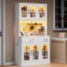 Küchen-Anrichte Mit LED-Leiste Und Dose, Ausgestattet Mit 6 Türen Und 2 Schubladen, Verstellbaren Regalböden Für Flexible Aufbewahrung, Landhausstil-Design, Goldene Metallgriffe, White, 180 X 100 - White - View 2