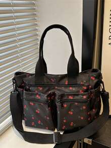 1个字母贴布装饰纯色大容量灯芯绒单肩手提包，多口袋购物袋，母亲节礼物，可折叠，适合上学、工作、旅行，适合毕业生、青少年、大学一年级、二年级、三年级、四年级学生以及户外活动 - 黑色 - 查看 5