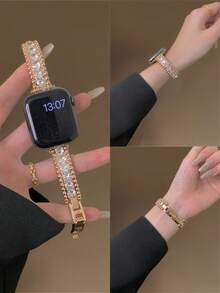 Elegant Apple-Themed Diamond Bracelet Watch Band With Secure Two-Step Clasp | Sparkling Zirconia & Cute Apple Charm, Compatible With Apple Watch Ultra/SE/Series 11/10/9/8/7/6/5/4/3/2/1 | Adjustable Fit For 38mm 40mm 41mm 42mm 44mm 45mm 46mm 49mm