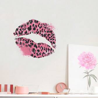 Pink&Brown Leopard Print Lips Wall Sticker Sexy Girls Bedroom Decal Vinyl DIY Removable Self-Adhesive Waterproof Home Decor For Girls' Bedroom Dormitory Bathroom Living Room