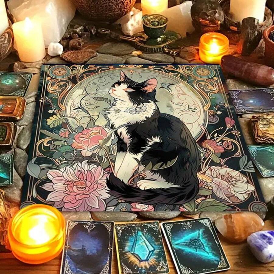 1件装神秘巫术猫咪祭坛布，紫色花卉图案，涤纶材质，可用于占卜塔罗牌，是女巫装饰、万圣节装饰配件、仪式祭坛主题装饰的理想之选。