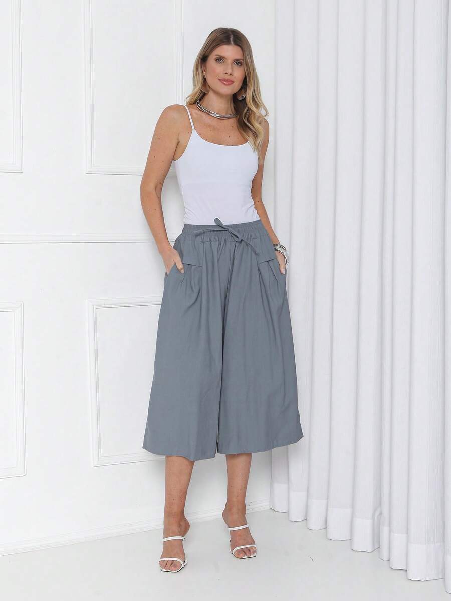 Plain Culottes With Two Elasticated Waist Pockets, Women's Linen, Knot Detail, Wedding Dress. - Xám - Xem 1