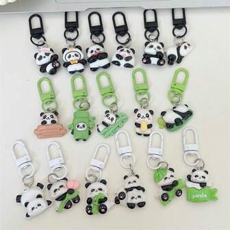 17件套可爱卡通树脂熊猫系列钥匙扣，趣味学生背包挂件，情侣及闺蜜礼物配饰