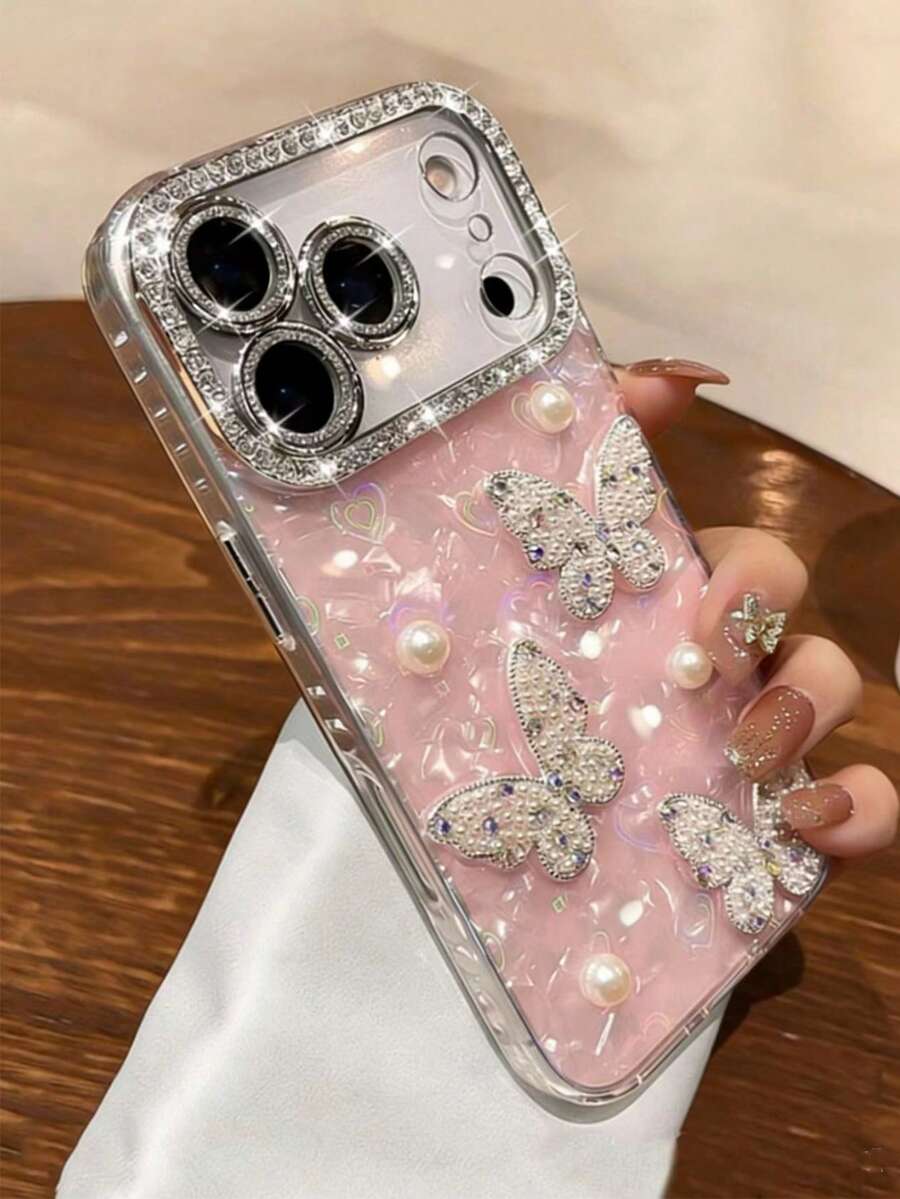 Ốp lưng điện thoại đính đá lấp lánh sang trọng, hình bướm ngọc trai 3D dễ thương, tương thích với iPhone 17 Pro Max, 17 Pro, 17 Air, 17, 16, 15, 14, 13, 12 Pro Max, 11, chống sốc. - Hồng - Xem 1