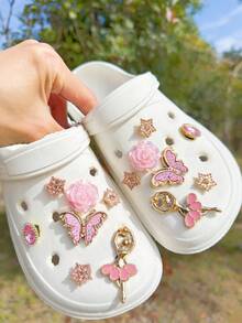 14pcs Pink Rhinestone Butterfly, Rose, Dancing Girl, Pink Crystal Gems, Star Shoe Charms, Detachable DIY Decorations, Suitable For Sandals, Slippers, Garden Shoes, Beach Bags, All Seasons, Ideal Holiday Gift - Pink - View 1