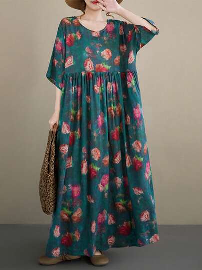 Tops Women's Green Dress Large Floral Loose Long Bat Sleeve Summer Dress, Summer Women's Plus Size Printed Long Dress, Round Neck A-Line Skirt With Pocket 2026 Women's Long Casual Dress Woven Fabric Leisure Vacation Bohemian Long Dress Non Elastic Floating Long Dress, Suitable For Elderly Sleeping Skirt One Piece Dress