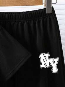 Young Boy Cartoon Print Round Neck Short Sleeve Top And Pants Set - Black - View 3