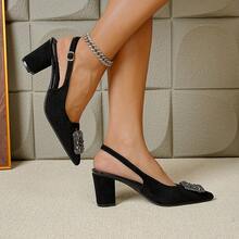 Modne, eleganckie czółenka damskie na wysokim obcasie, ze szpiczastym noskiem, czarne, zdobione kryształkami, na grubym obcasie - Czarne - Zobacz 3