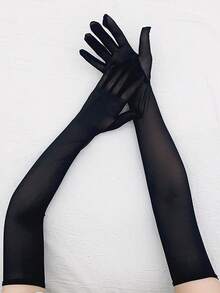 1 Pair Women's Black Thin Breathable Comfortable Elegant Seamless Long Sleeve Five-Finger Gloves, Suitable For Summer Sun Protection, Travel, Parties, Cosplay