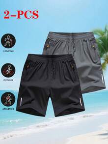 2pcs Women's Solid Color Casual Sports Shorts, With Zipper Pockets And Prints, Suitable For Summer Running, Fitness, Daily Wear And Outdoor Activities - Grey - View 2