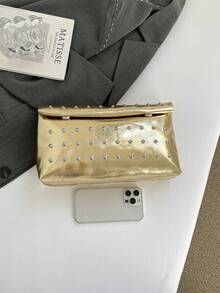 1 chiếc túi xách thời trang màu trơn, chất liệu PU, dung tích lớn, nắp gập có khóa nam châm, hình vuông, họa tiết da cá sấu, túi xách nữ đa năng dùng cho tiệc tùng, buổi tối, phù hợp cho phụ nữ đi du lịch và mua sắm. - Vàng - Xem 3