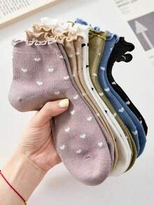 5双可爱爱心图案中筒袜，荷叶边设计，日韩风格，随机混色，春夏款 - 彩色 - 查看 3