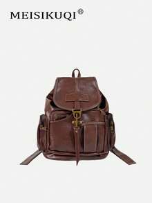 2025 New Vintage Backpack, Carabiner Design, Fashion Versatile Casual Travel Bag, Large Capacity Laptop School Bag - Brown - View 1