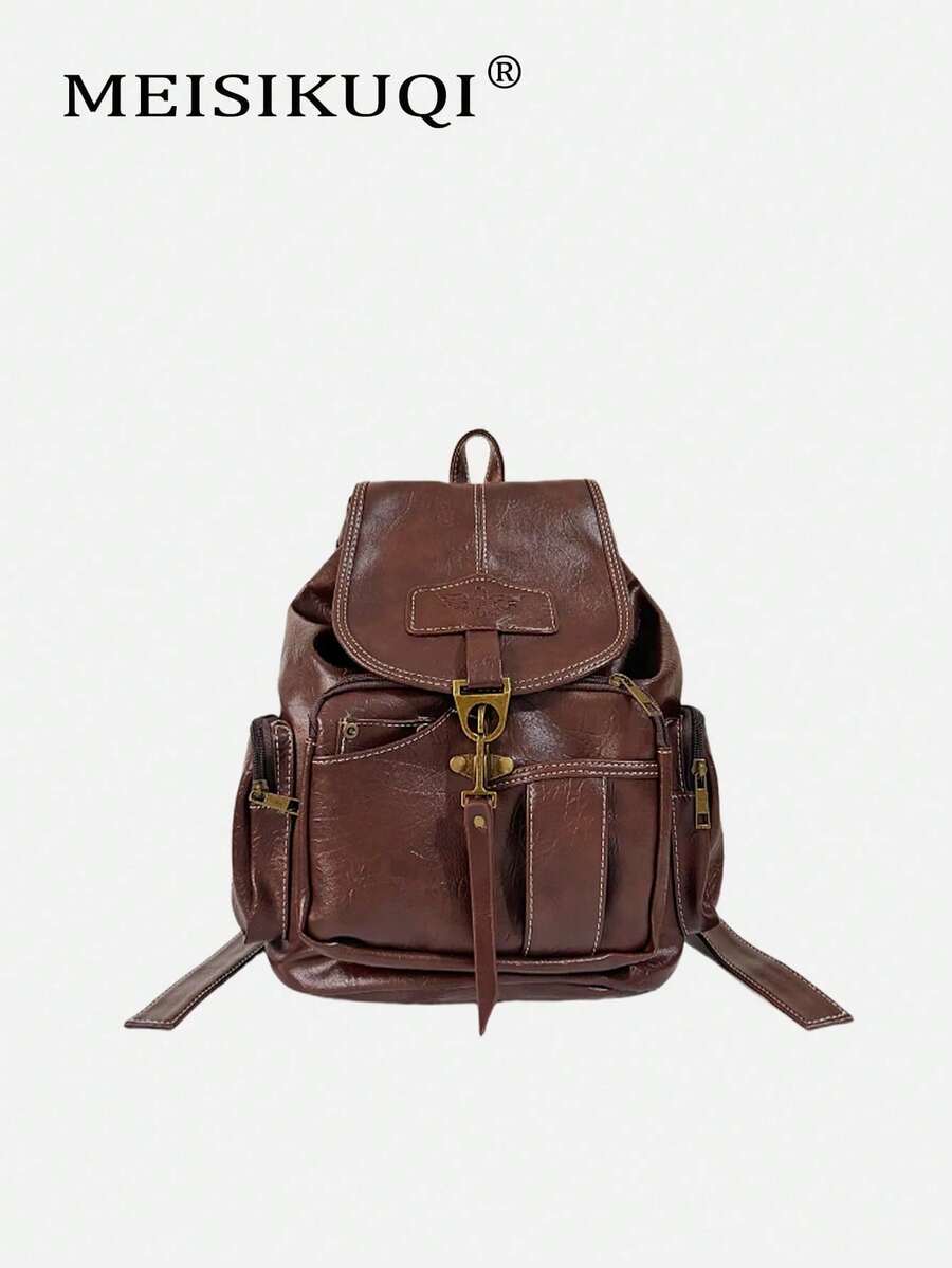 2025 New Vintage Backpack, Carabiner Design, Fashion Versatile Casual Travel Bag, Large Capacity Laptop School Bag - Brown - View 1