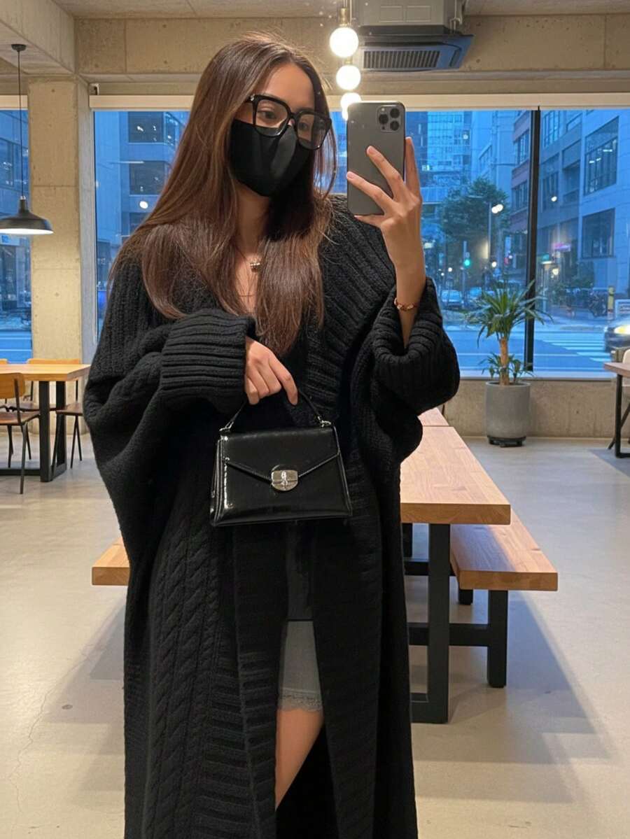 Solid Open Front Loose Knit Cardigan, Casual Long Sleeve Long Length Sweater With Pocket, Women's Clothing - Black - View 1