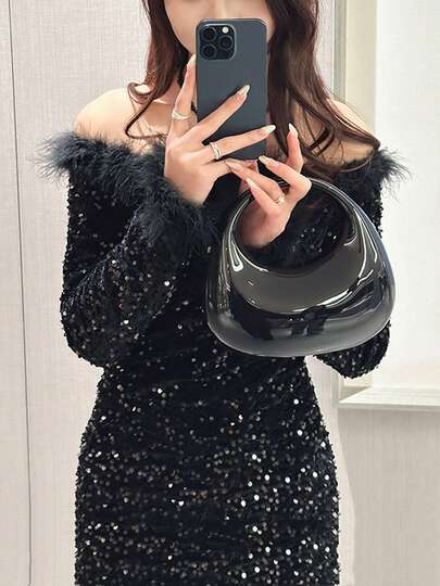 FOREVER MIYIN 亚克力新月形手提包，时尚多功能链条单肩斜挎包，可作手机袋、耳机盒、口红盒，是情人节、生日、周年纪念日、派对、婚礼、正式场合的理想礼物（黑色）