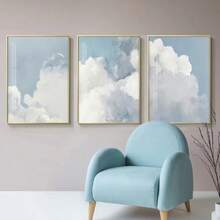 3幅现代无框帆布墙画，蓝粉色云朵天空风景海报，简约家居装饰，客厅卧室风景画 - 彩色 - 查看 3