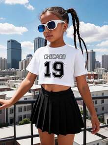 2pcs/Set Tween Girl Chicago 19 Print Round Neck Short Sleeve T-Shirt & Pleated Skirt Outfit, Spring/Summer - Multicolor - View 1