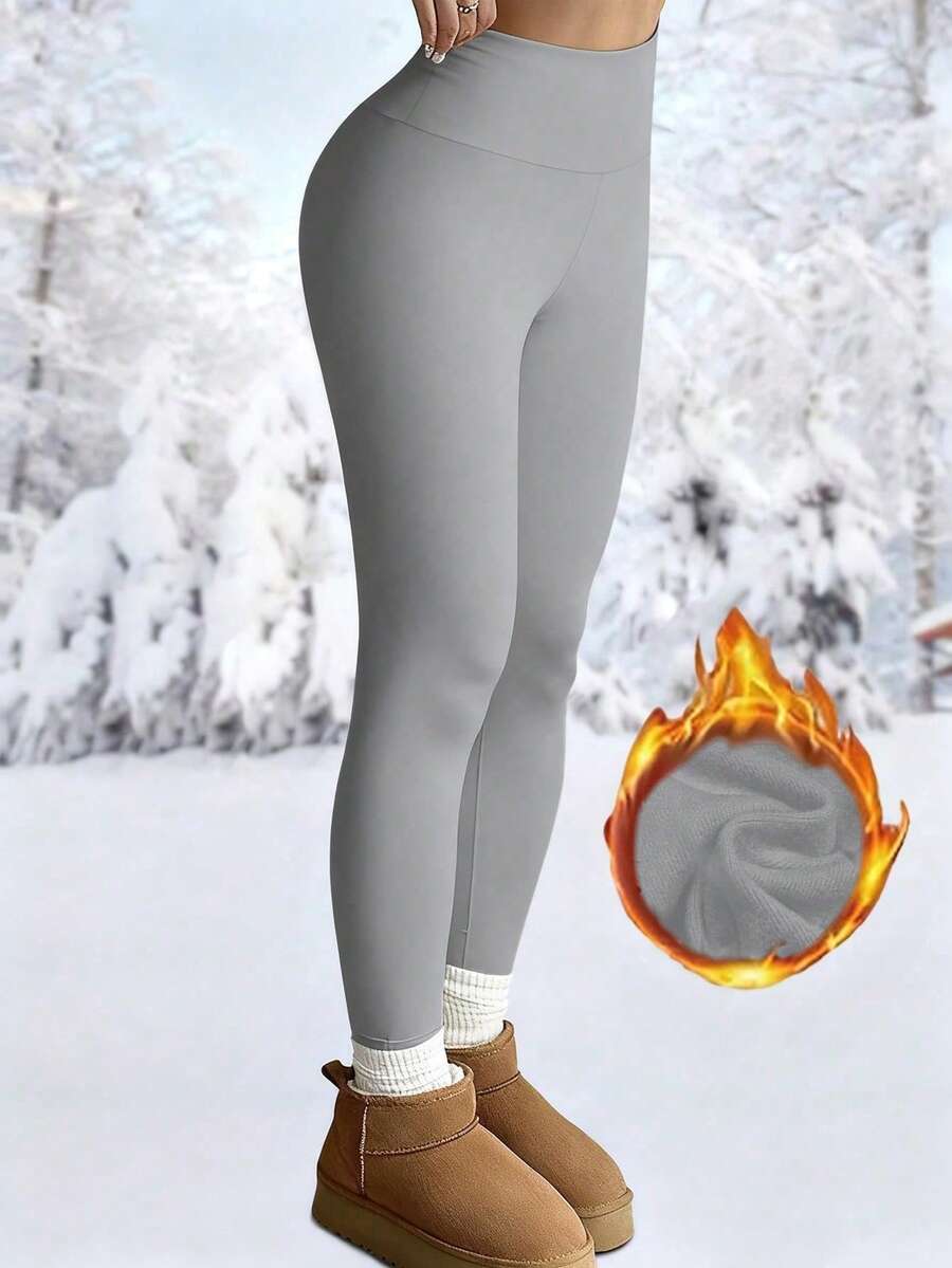 女士纯色高腰紧身裤，健身紧身裤，柔软瑜伽裤，女装，女士春季紧身裤 - 淺灰色 - 查看 1