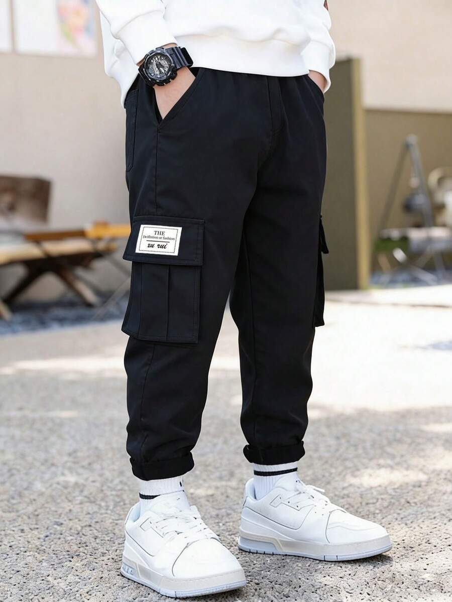 1pc Young Boy Casual Versatile Retro College Style Utility Pants - Black - View 1