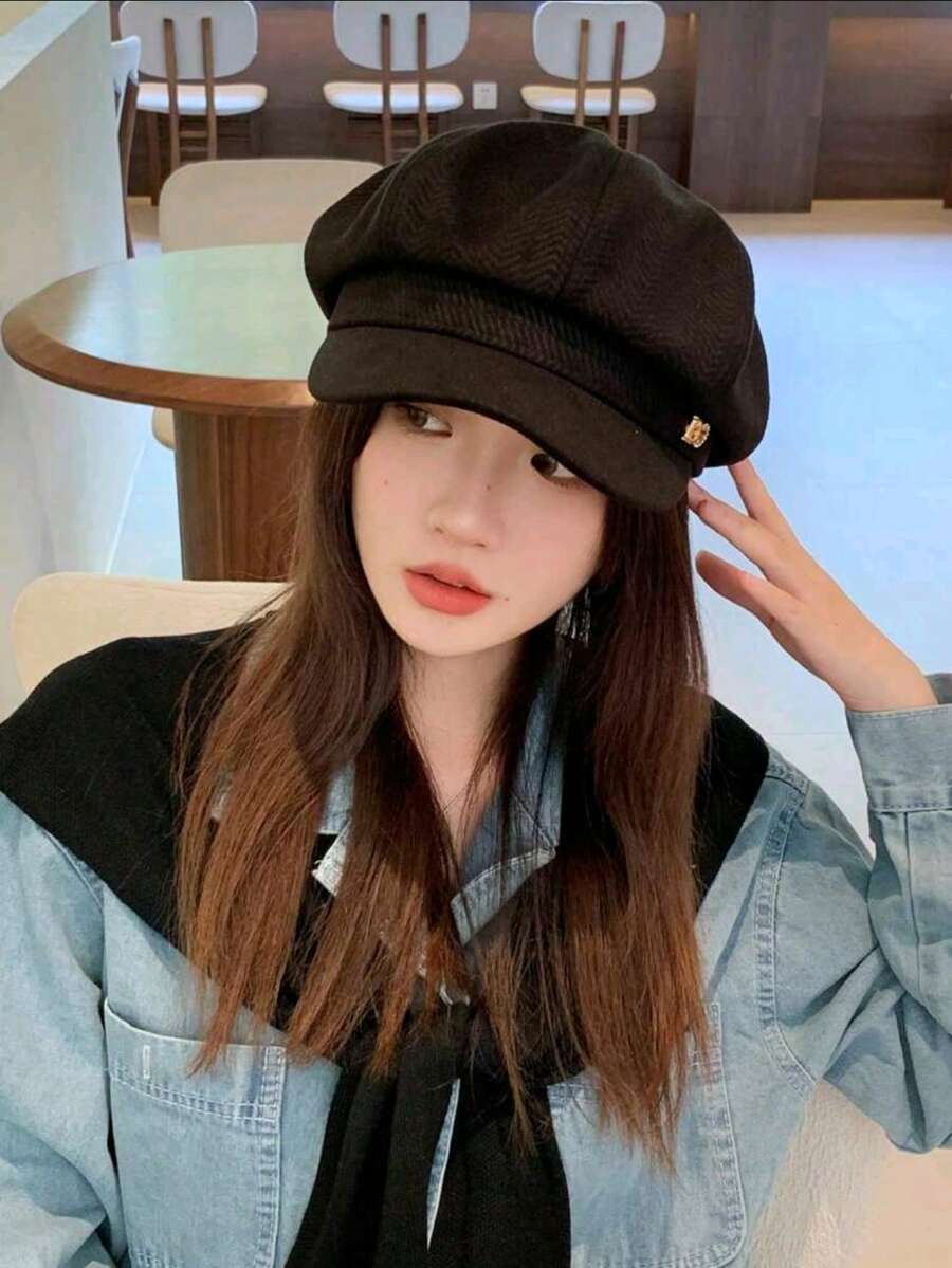 1顶字母扣八角贝雷帽，时尚帽檐贝雷帽，男女通用，百搭春夏韩版风格，适合大头围 - 黑色 - 查看 1