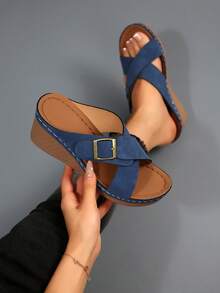 优雅女士坡跟厚底凉鞋，搭扣交叉绑带，度假沙滩拖鞋，夏季休闲时尚沙滩人字拖，大码可选，旅行必备 - 藏蓝色 - 查看 6