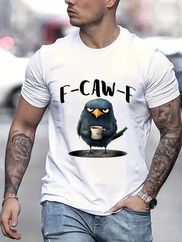 Camiseta con eslogan Funny Crow Coffee F-Kaw-F - Una camiseta vintage de manga corta y ajuste holgado con un diseño de cuervo y un juego de palabras de cuervo, perfecta como regalo humorístico casual para amantes de las aves, adecuada para todas las estaciones
