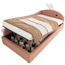 Upholstered Bed, Single Bed, Children's Bed, Cute Rabbit Pattern Headboard, Hydraulic Bed With Storage Space, Raised Soft Rail, Left Side Panel, Velvet, Pink And White, 90 X 200 Cm - Red Bean Paste + Velvet - View 5