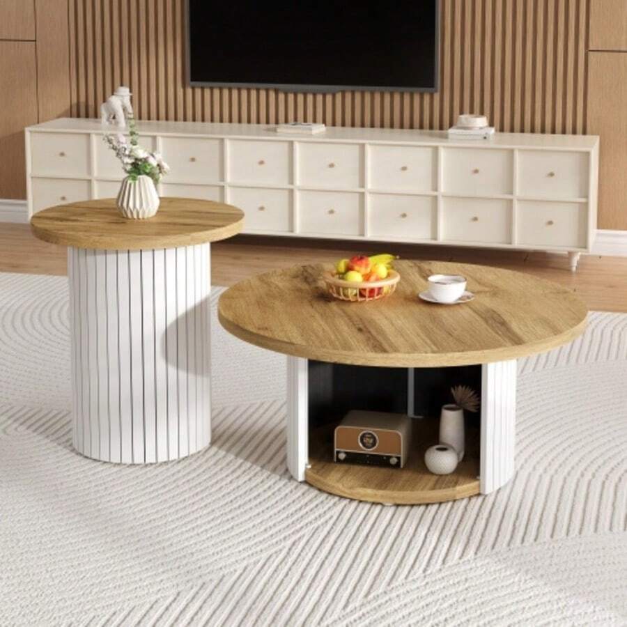 Coffee Table, Double Round Table, Side Table With Natural Wood Slats. Multifunctional Living Room Table.