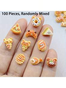 20/50/100个迷你卡通食物平底树脂装饰品，彩色手绘树脂披萨、面包、三明治和熊冰淇淋装饰，用于DIY，非贴纸，随机混合 - 多色 - 查看 7