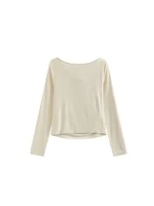 1pc Women's Off-Shoulder Ruched Waist Long Sleeve T-Shirt, Slim Fit Layering Top - Apricot - View 6