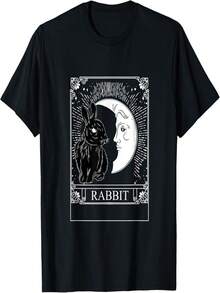 Tarot Card Crescent White Moon Rabbit Graphic T-Shirt - Black - View 1