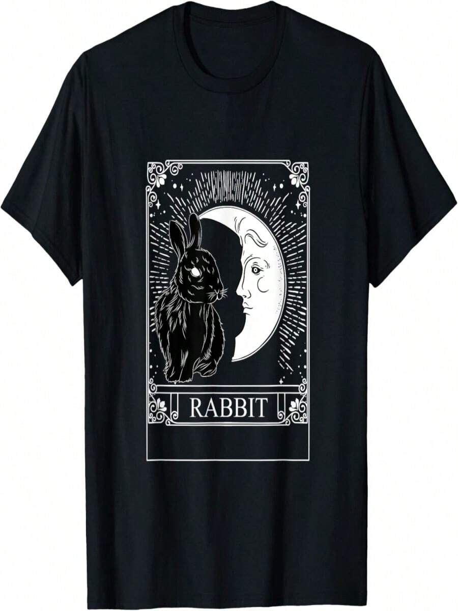 Tarot Card Crescent White Moon Rabbit Graphic T-Shirt - Black - View 1