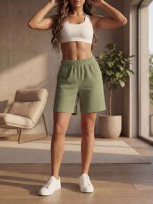 DEVIT - Short 3/4 negro para mujer estilo casual, tela rib acanalada elástica, pretina ancha sin jareta ni bolsillos, diseño básico cómodo y versátil hasta la rodilla ideal para outfits diarios, deportivos o de descanso - verde menta - Ver 5