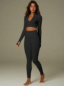 UONNOU 女士运动塑身套装，长袖长裤两件套，拉链全开衫，麦粒纹理罗纹条纹，无缝针织面料，收腰、收腹、提臀，全身塑形，运动拇指孔设计，适合运动、户外瑜伽、轻度锻炼、跑步锻炼和日常休闲通勤街头时尚穿着，四季皆宜，秋冬季款式。