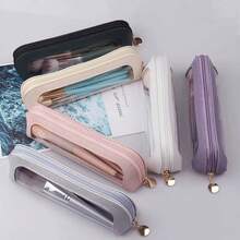 1/2pcs Portable Travel Makeup Bag, Makeup Brush Holder With Transparent Window And Zipper Closure, Suitable For Cosmetics, Skincare, Gym And Business Travel, Faux Leather