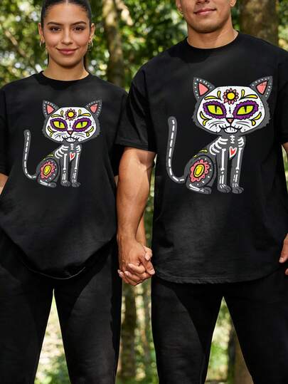 Camiseta de Halloween con diseño de gato y calavera deúcar, Día de los Muertos, camisetas gráficas para hombres, tops cortos, conjuntos de camisetas para parejas