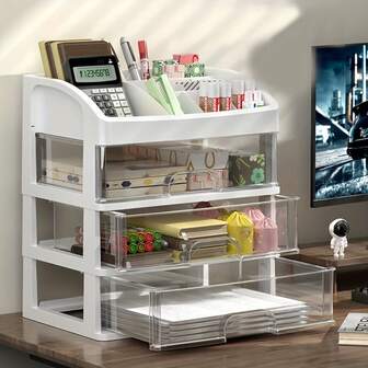 1 pieza Caja de almacenamiento de escritorio para maquillaje y artículos de papelería, de plástico PP y durable, de gran capacidad para decoración de habitaciones, organizador atractivo y práctico, caja de almacenamiento multifuncional, estantería de exhibición, organizador de cosméticos de plástico transparente