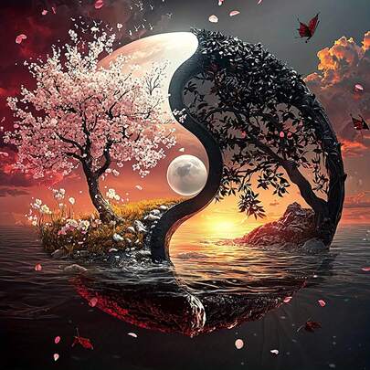 5D钻石画套装，无框 - 阴阳自然图案全钻钻石刺绣，适合成人和初学者，生命之树灵性艺术，家居墙面装饰，高品质钻石画材料，放松身心的活动，创意手工，精致设计，高品质，做工精细，适合初学者，艺术爱好者必备，DIY手工项目，创意爱好，精美刺绣，灵性艺术品，细密针脚，精湛工艺，手工套装，家居装饰，艺术爱好者的理想之选