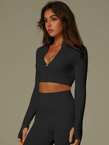 UONNOU 女士运动塑身套装，长袖长裤两件套，拉链全开衫，麦粒纹理罗纹条纹，无缝针织面料，收腰、收腹、提臀，全身塑形，运动拇指孔设计，适合运动、户外瑜伽、轻度锻炼、跑步锻炼和日常休闲通勤街头时尚穿着，四季皆宜，秋冬季款式。