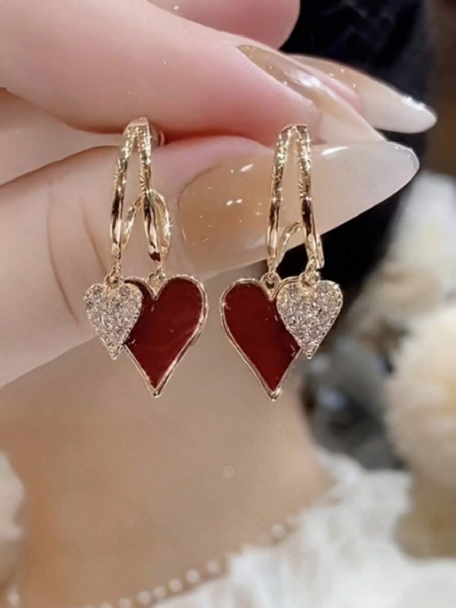 1 Pair Minimalist Red Heart Earrings, For Women, Valentine's Day Gift,Classy,Festival - Red - View 1