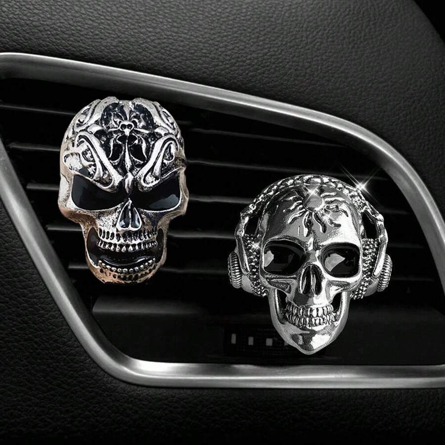1入復古合金骷髏頭車用空氣清新劑夾,汽車空調出風口裝飾,車內裝飾品 - 銀色 - 查看 1